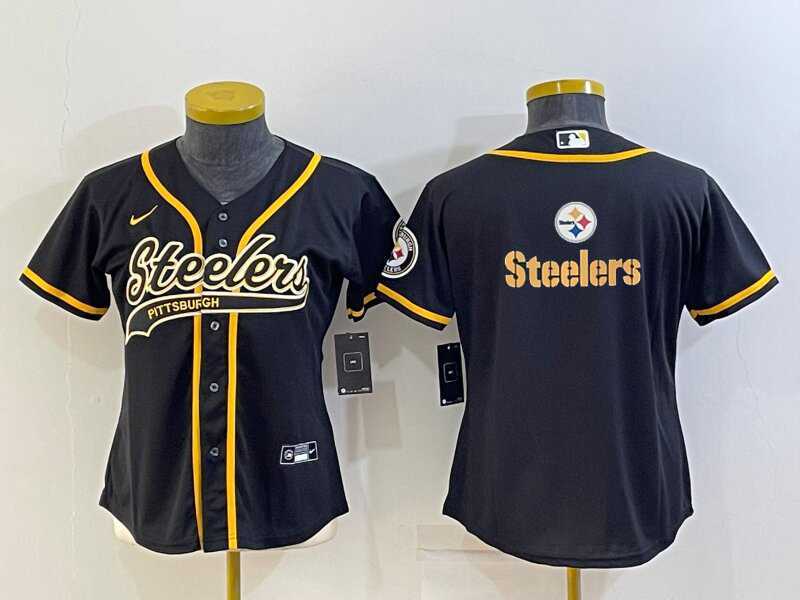 Womens Pittsburgh Steelers Black Team Big Logo With Patch Cool Base Stitched Baseball Jersey